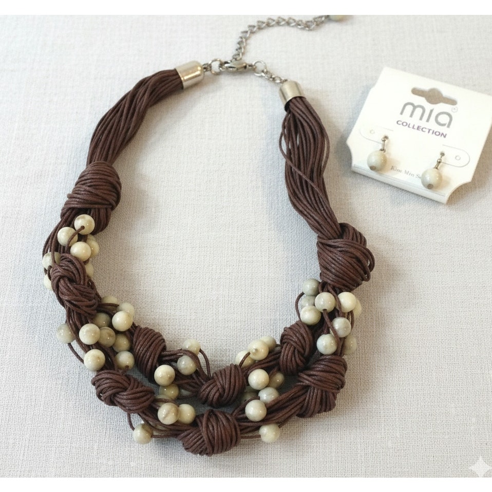 Mia Boho Beaded Brown Cord Necklace Cream Marble Bead Hook Earrings 2 Piece Set